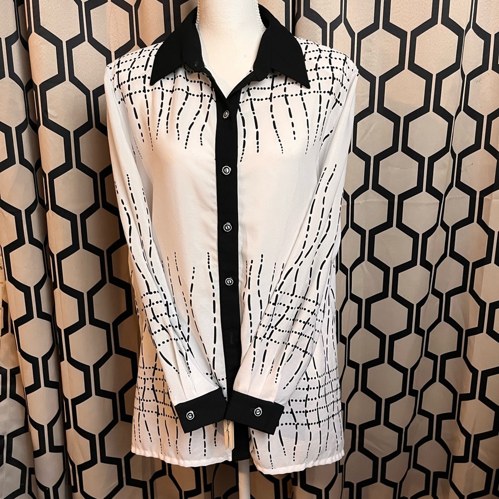 Black and White Long Sleeve Graphic Button Down Shirt